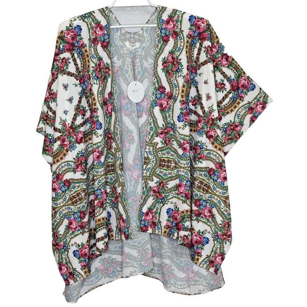 Umgee Kimono Top Womens Size S/M White Pink Rose Print Open Front Short Sleeve